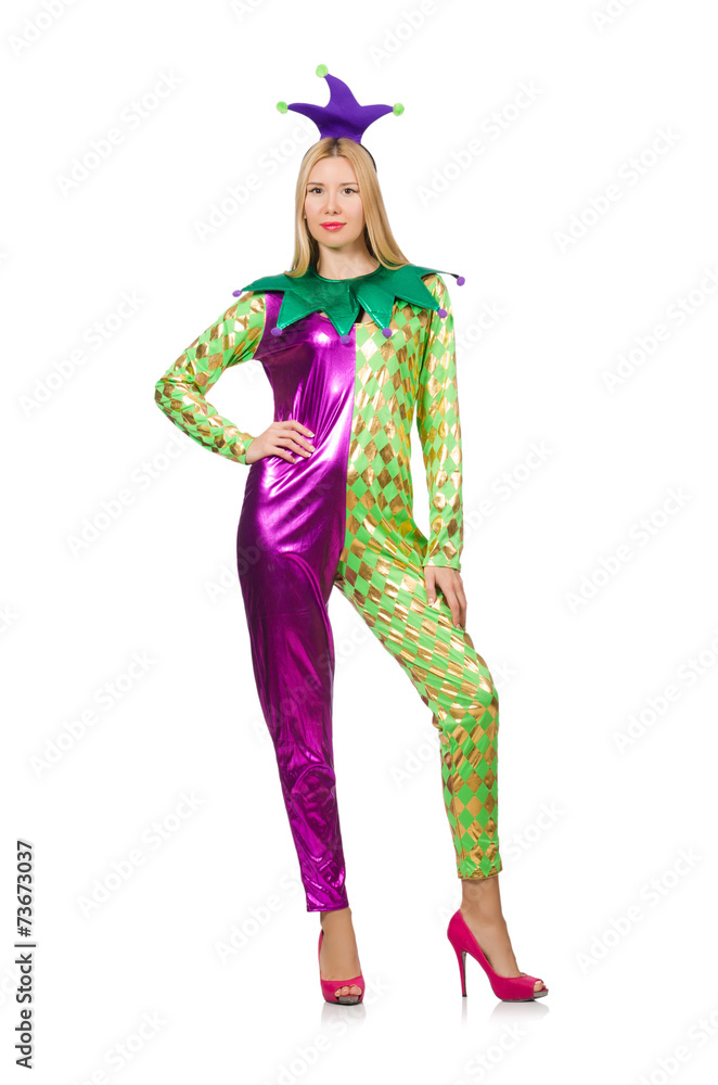 Woman wearing clown costume isolated on white Woman wearing clown costume isolated on white
