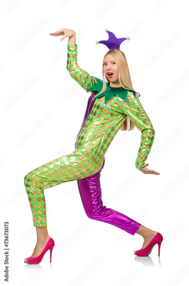 Woman wearing clown costume isolated on white Woman wearing clown costume isolated on white