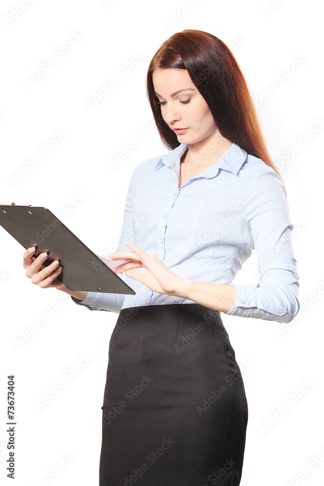 A successful young businesswoman with a clipboard, isolated on w A successful young businesswoman with a clipboard, isolated on w
