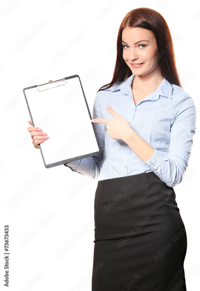 Happy smiling cheerful young businesswoman with clipboard, isola Happy smiling cheerful young businesswoman with clipboard, isola