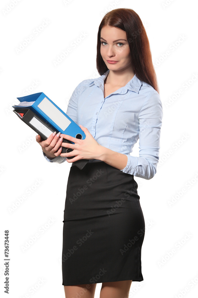 Portrait of smiling business woman with paper folder, isolated o Portrait of smiling business woman with paper folder, isolated o