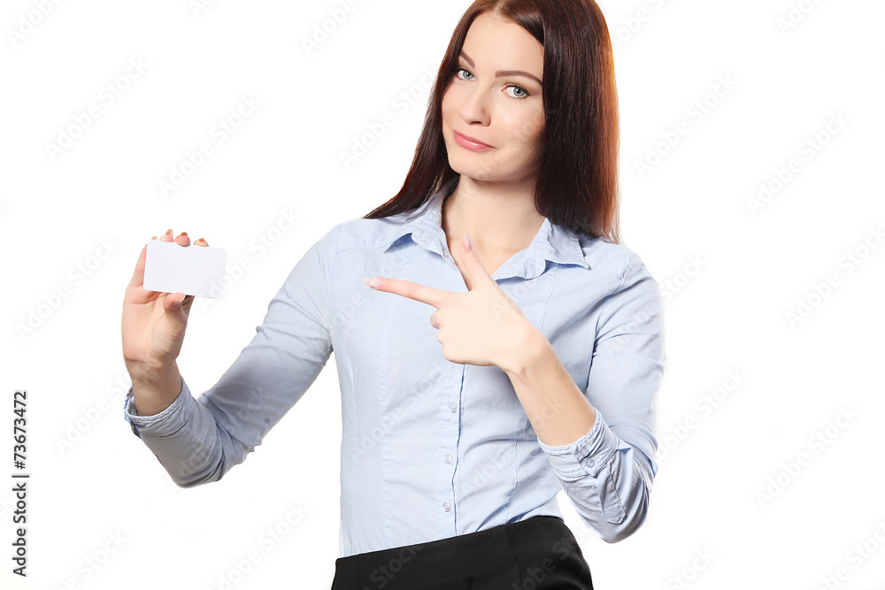 Smiling business woman handing a blank business card over white Smiling business woman handing a blank business card over white