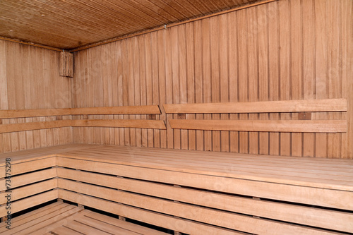 Stove bench in a sauna. Interior