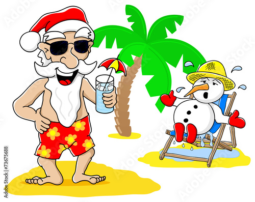 Weihnachtsmann und Schneemann feiern Weihnachten am Strand