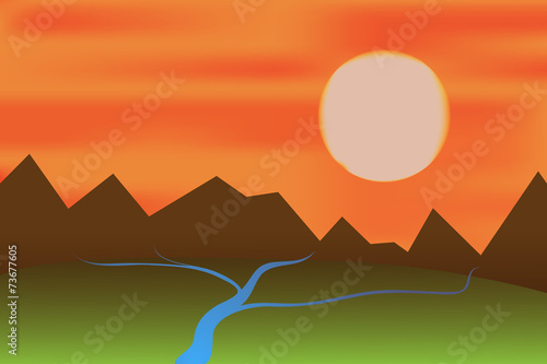 Vector of sunset landscape with mountains and rivers.
