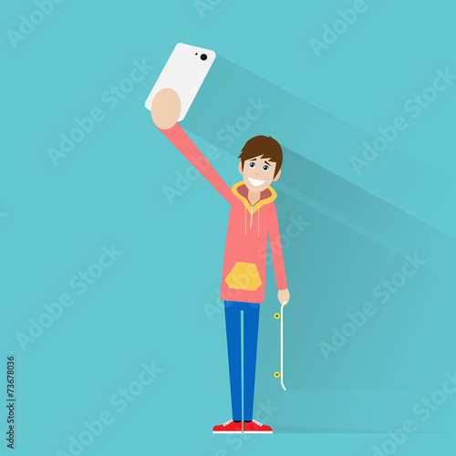 man taking selfie photo on smart phone vector