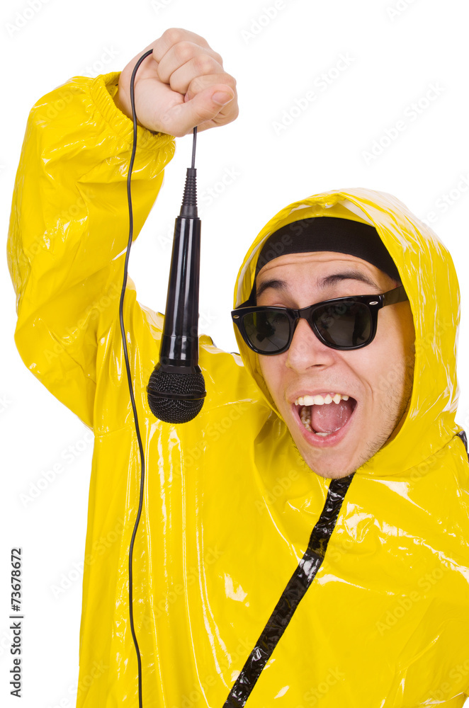 Funny performer with mic isolated on the white Funny performer with mic isolated on the white