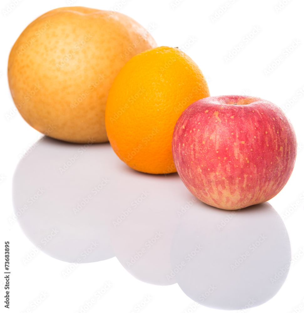 Gala apples, Nashi Asian pears and oranges over white background Gala apples, Nashi Asian pears and oranges over white background