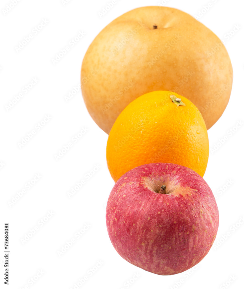 Gala apples, Nashi Asian pears and oranges over white background