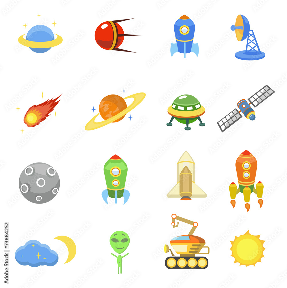 Naklejka premium Space icons set of rocket galaxy planet ufo vector