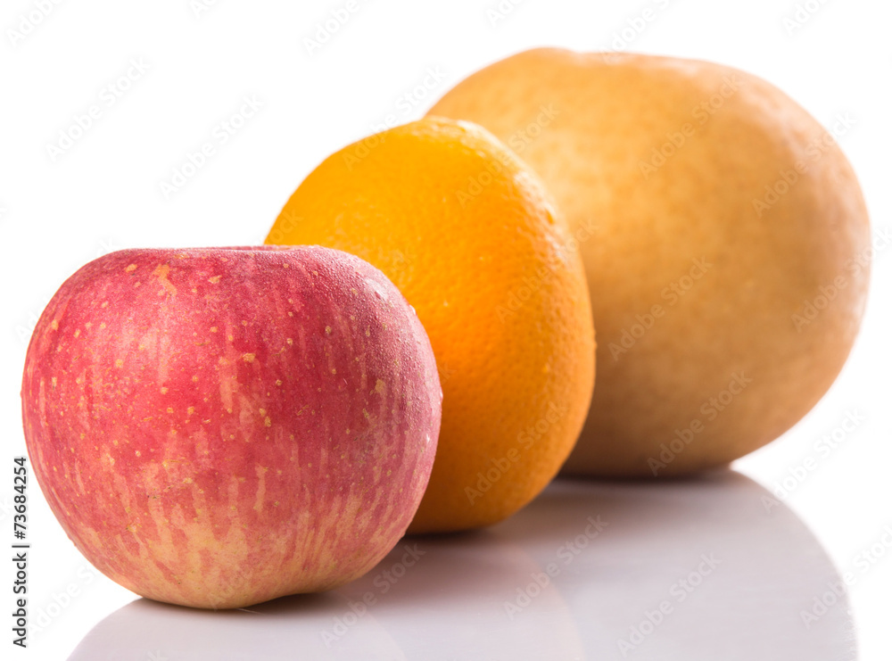 Gala apples, Nashi Asian pears and oranges over white background Gala apples, Nashi Asian pears and oranges over white background