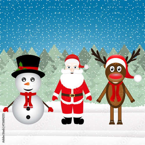 Santa Claus, a reindeer and a snowman in the Christmas forest