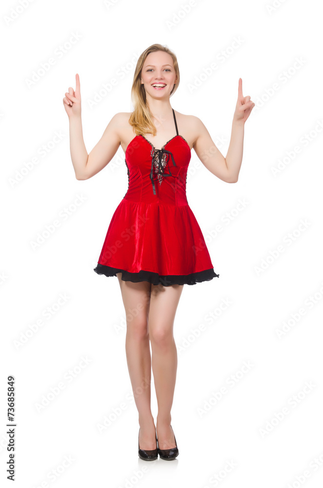 Woman pressing virtual button isolated on white Woman pressing virtual button isolated on white