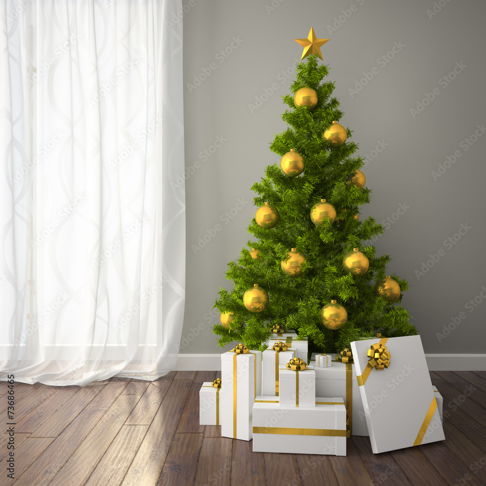 Christmas tree with gold decor in classic style room with dark f
