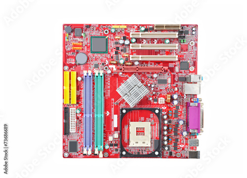 Printed computer motherboard, isolated on white background