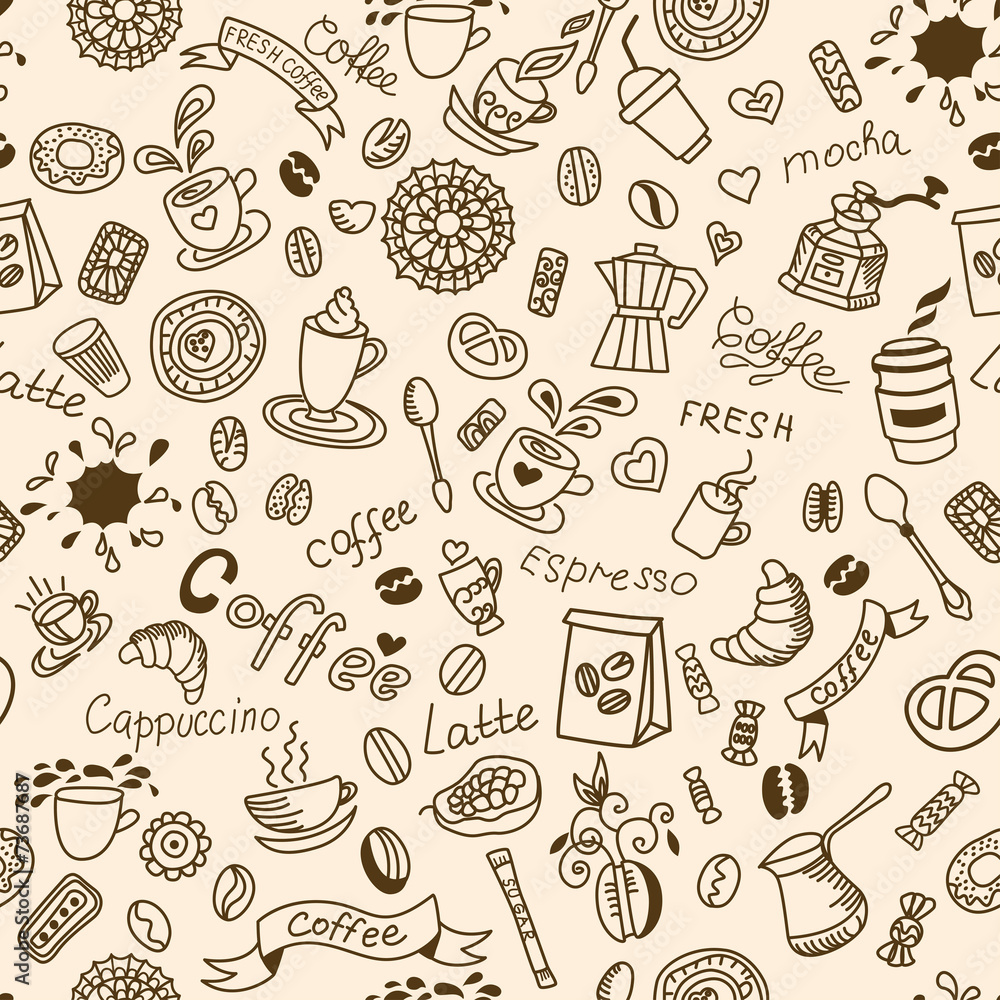 Seamless doodles background with coffee and bakery products.