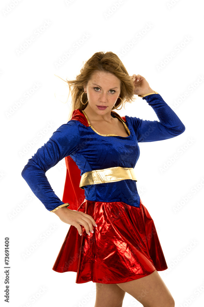 woman super hero red cape looking