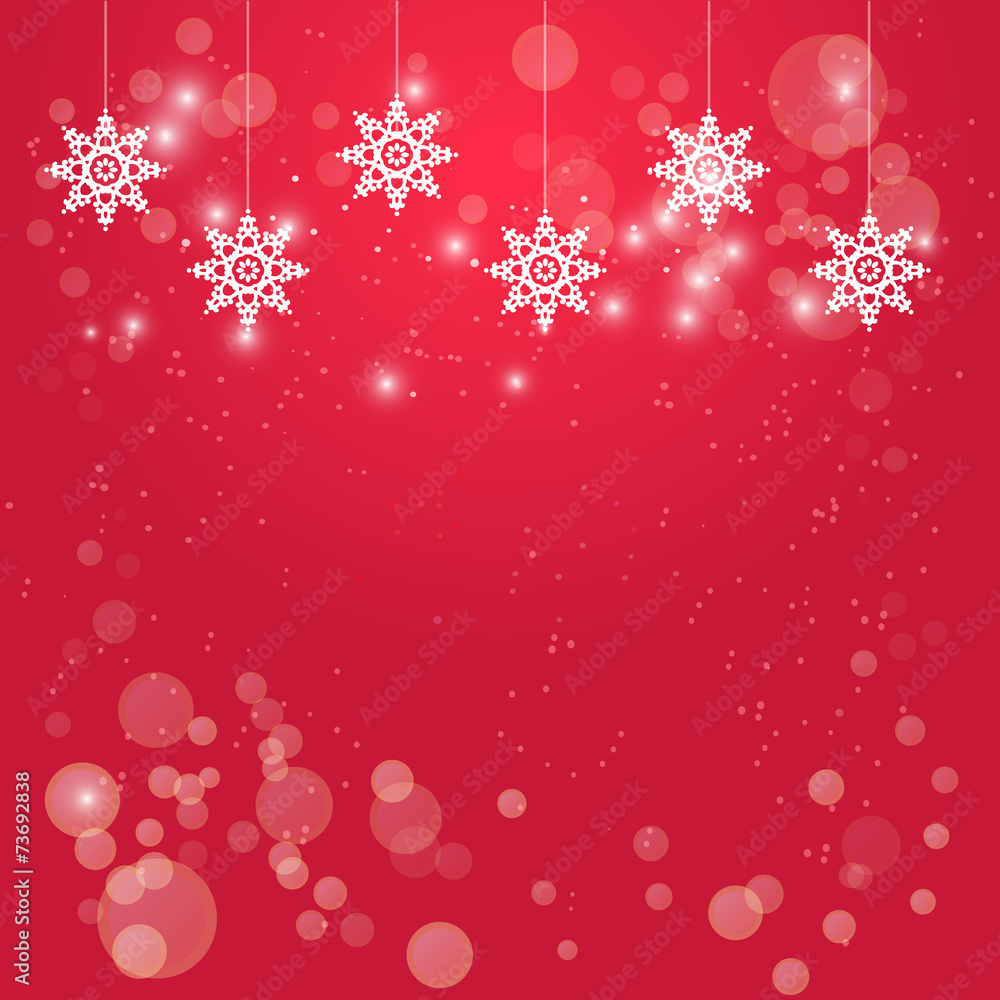 Christmas red background with hanging white snowflakes Christmas red background with hanging white snowflakes