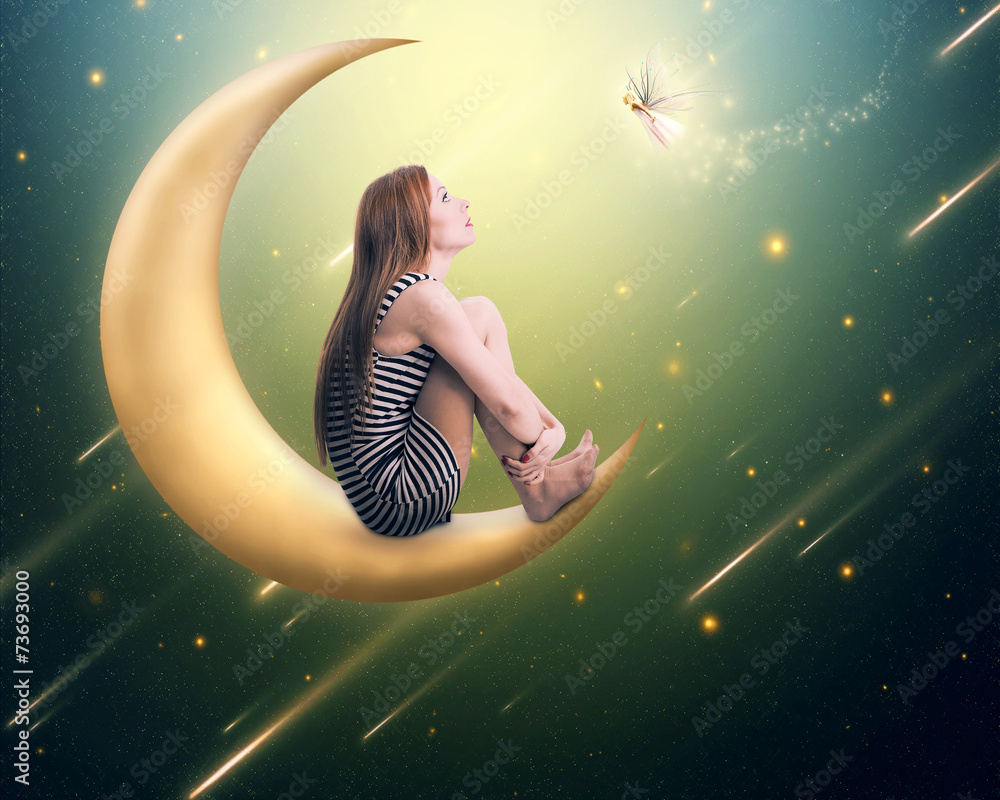Naklejka premium lonely thoughtful woman sitting on the crescent moon