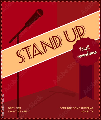 Stand up comedy poster with microphone, badge best comedians