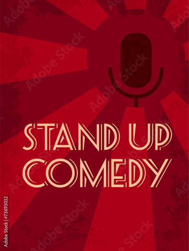 Stand up comedy poster with microphone at red background.