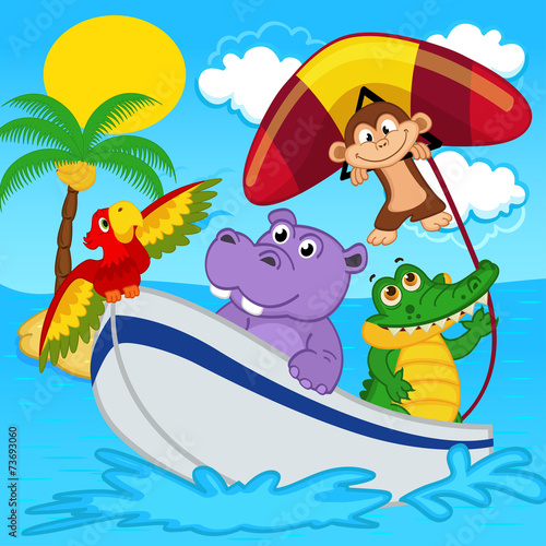 animals on boat ride with monkey on hang glider -  eps