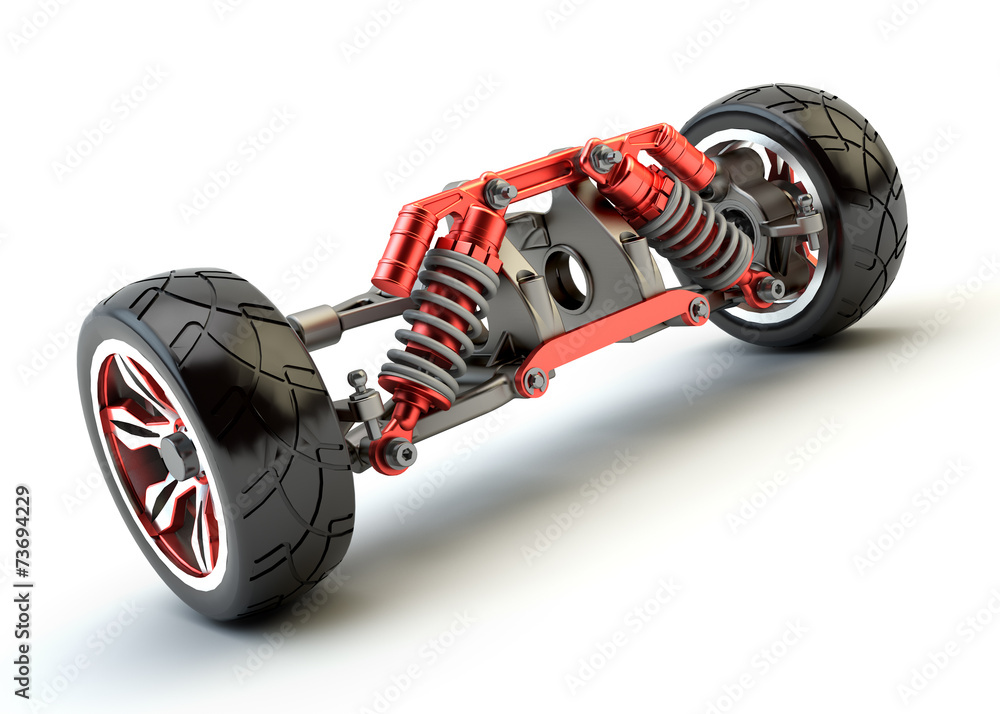 Front axle with suspension and sport gas absorbers isolated on w - obrazy, fototapety, plakaty 