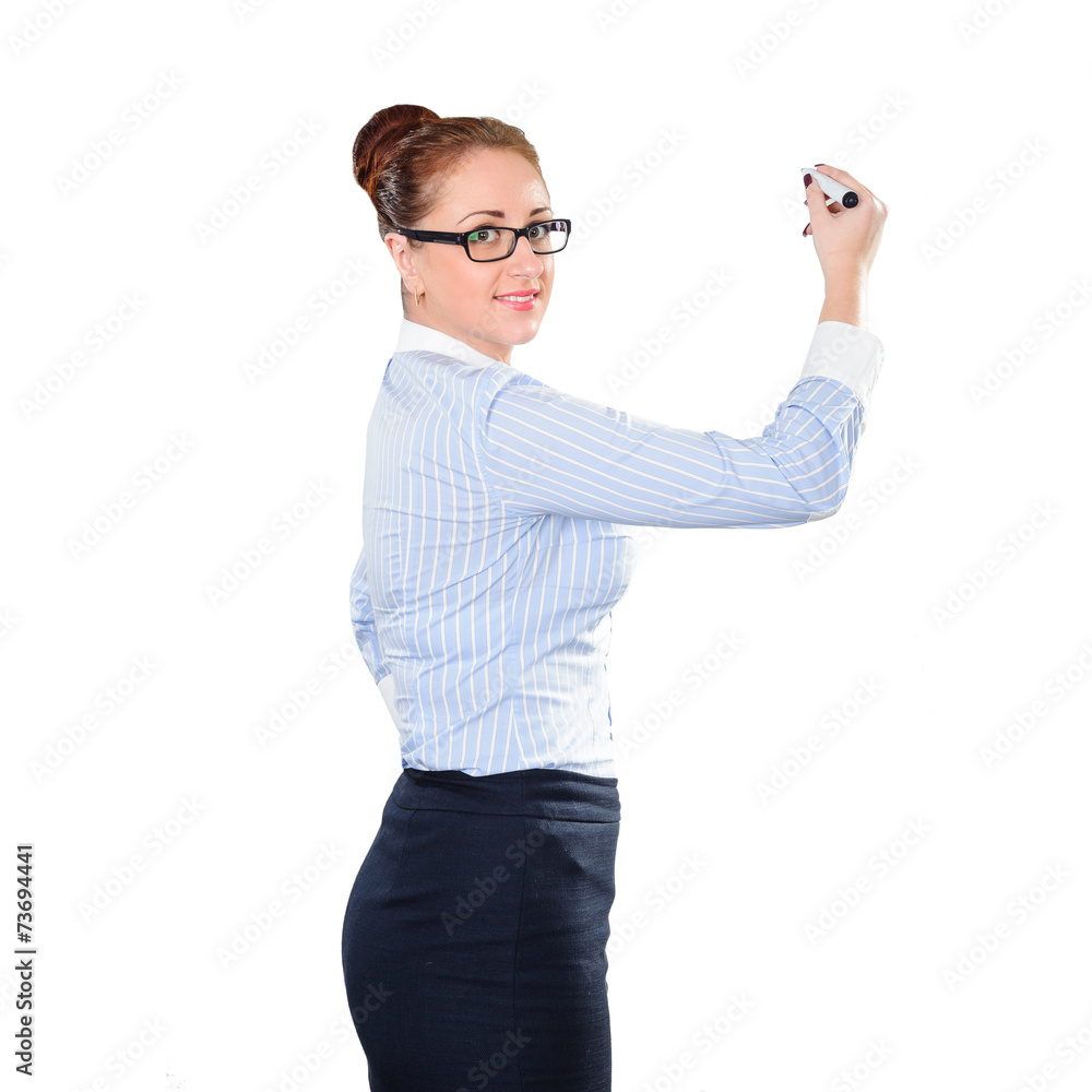 Young beautiful businesswoman with pen writing whiteboard Young beautiful businesswoman with pen writing whiteboard