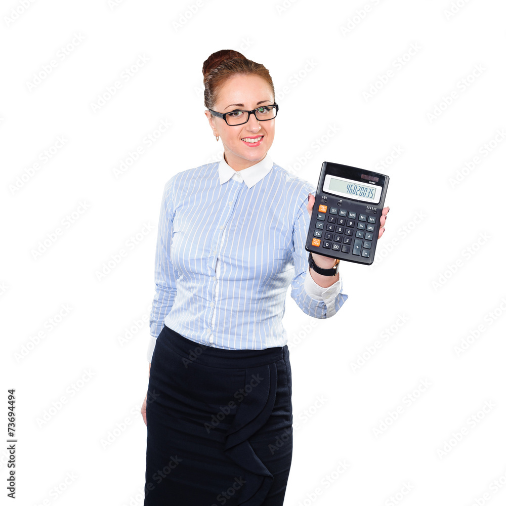 Woman accountant show calculator Woman accountant show calculator