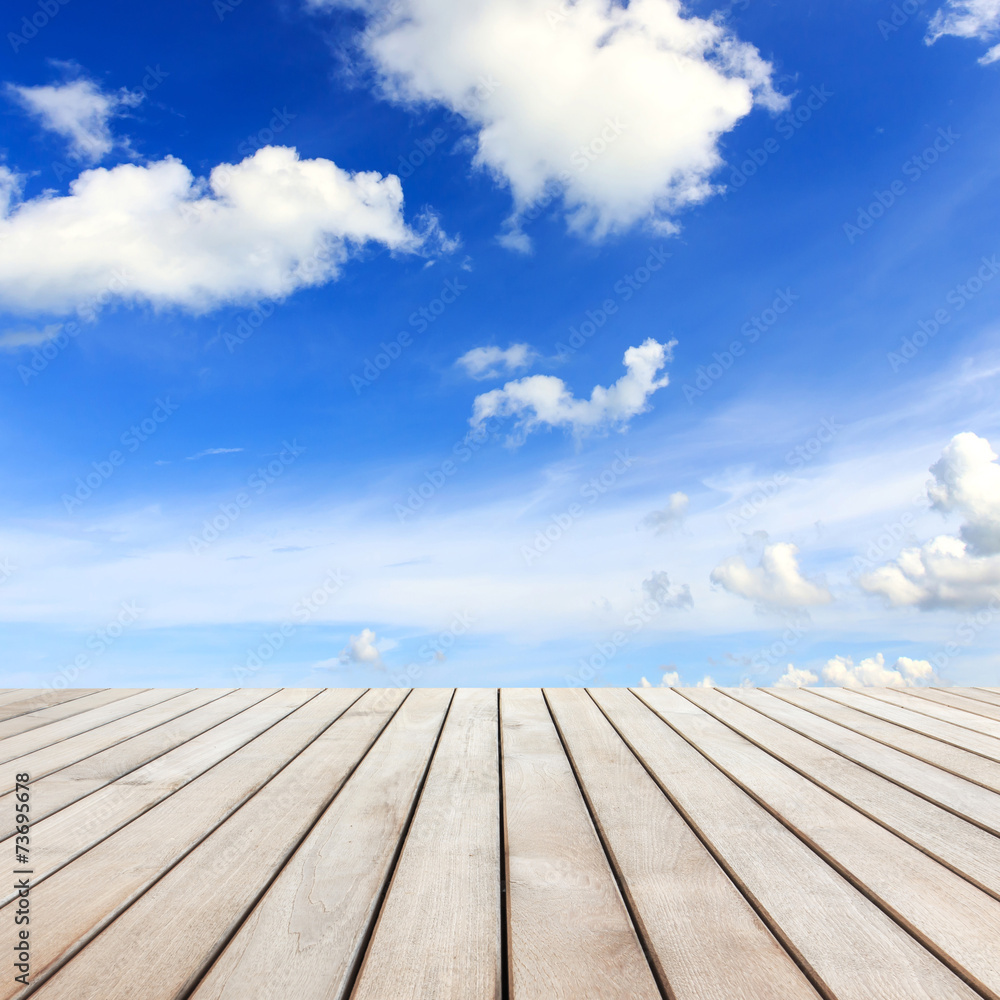 Wood decking and blue sky