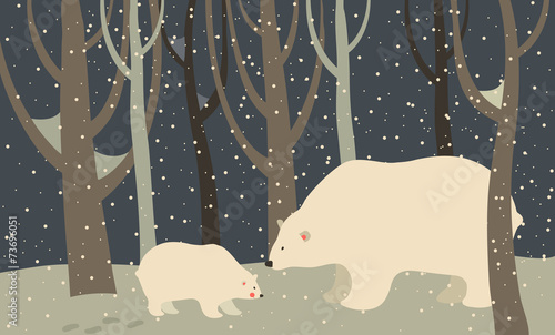 Polar bear and cub in the forest