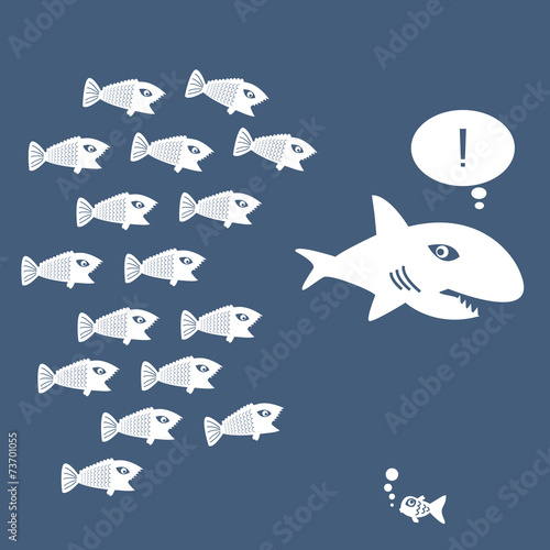 Little Fish Eat Big Fish. Unity, Teamwork, Organize Concept