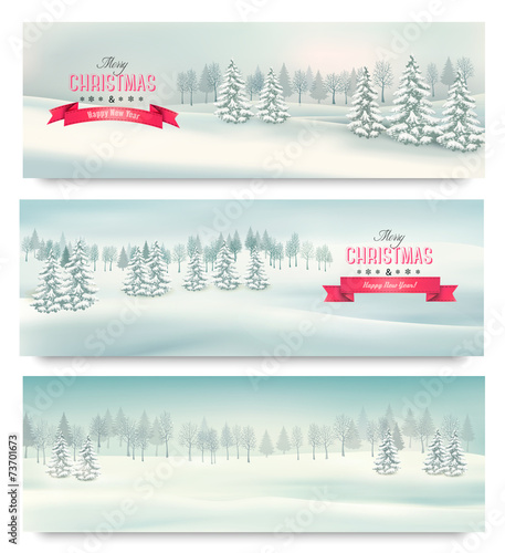 Three christmas landscape banners. Vector.