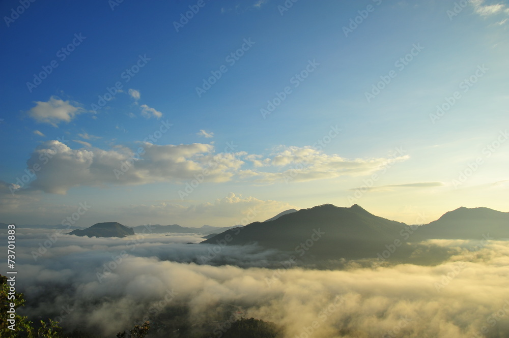 Mountain Landscape in the Mist at Sunrise