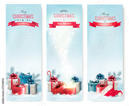 Three Christmas banners with presents. Vector.