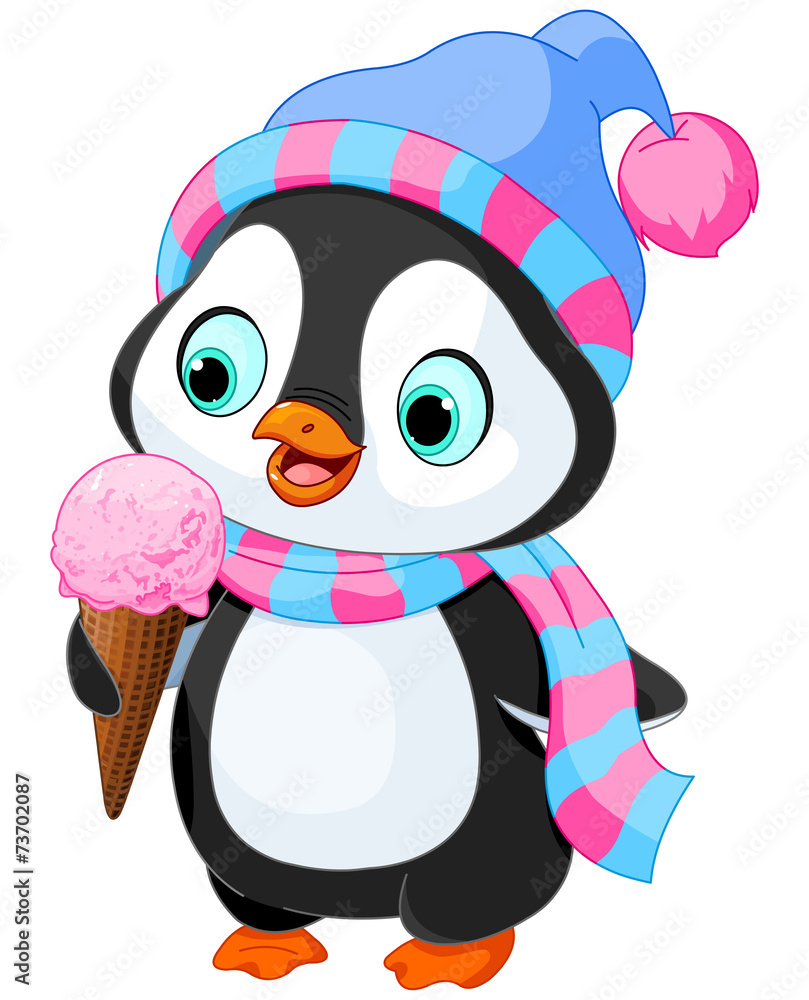 Obraz premium Penguin eats an ice cream