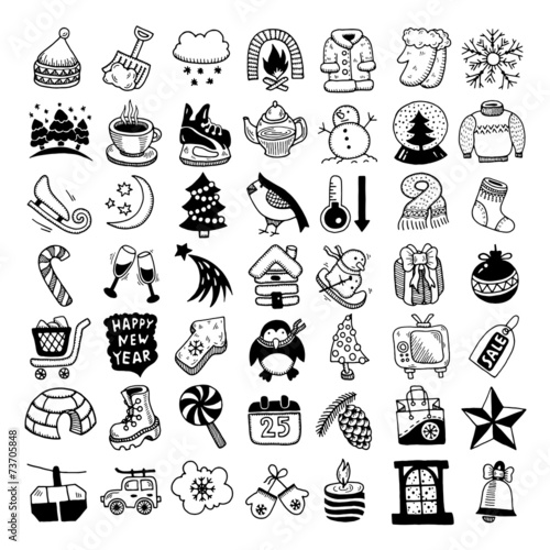 sketch hand drawing winter icons set