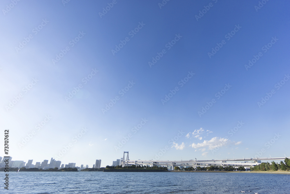 お台場海浜公園から望むレンボーブリッジと東京都心全景