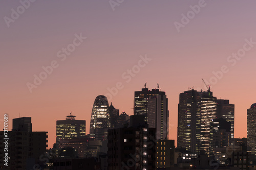 夕陽でシルエットになった新宿高層ビル群