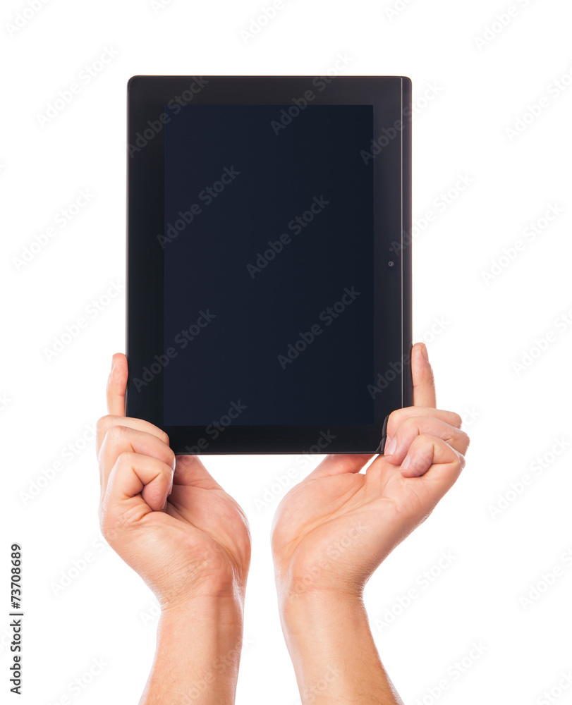 Male hand holding touchpad pc isolated Male hand holding touchpad pc isolated