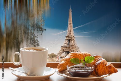 Coffee with croissants against Eiffel Tower in Paris  France