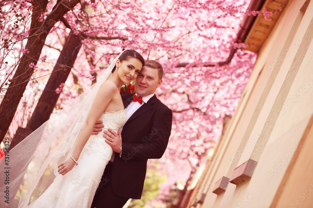 Fototapeta premium Bride and groom in spring time wedding