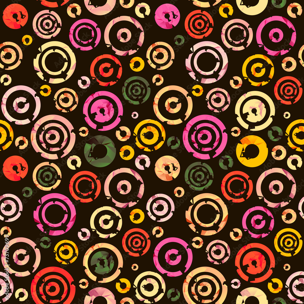 Seamless pattern with colorful circles on dark background.