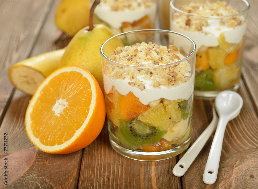 Fruit salad with whipped cream