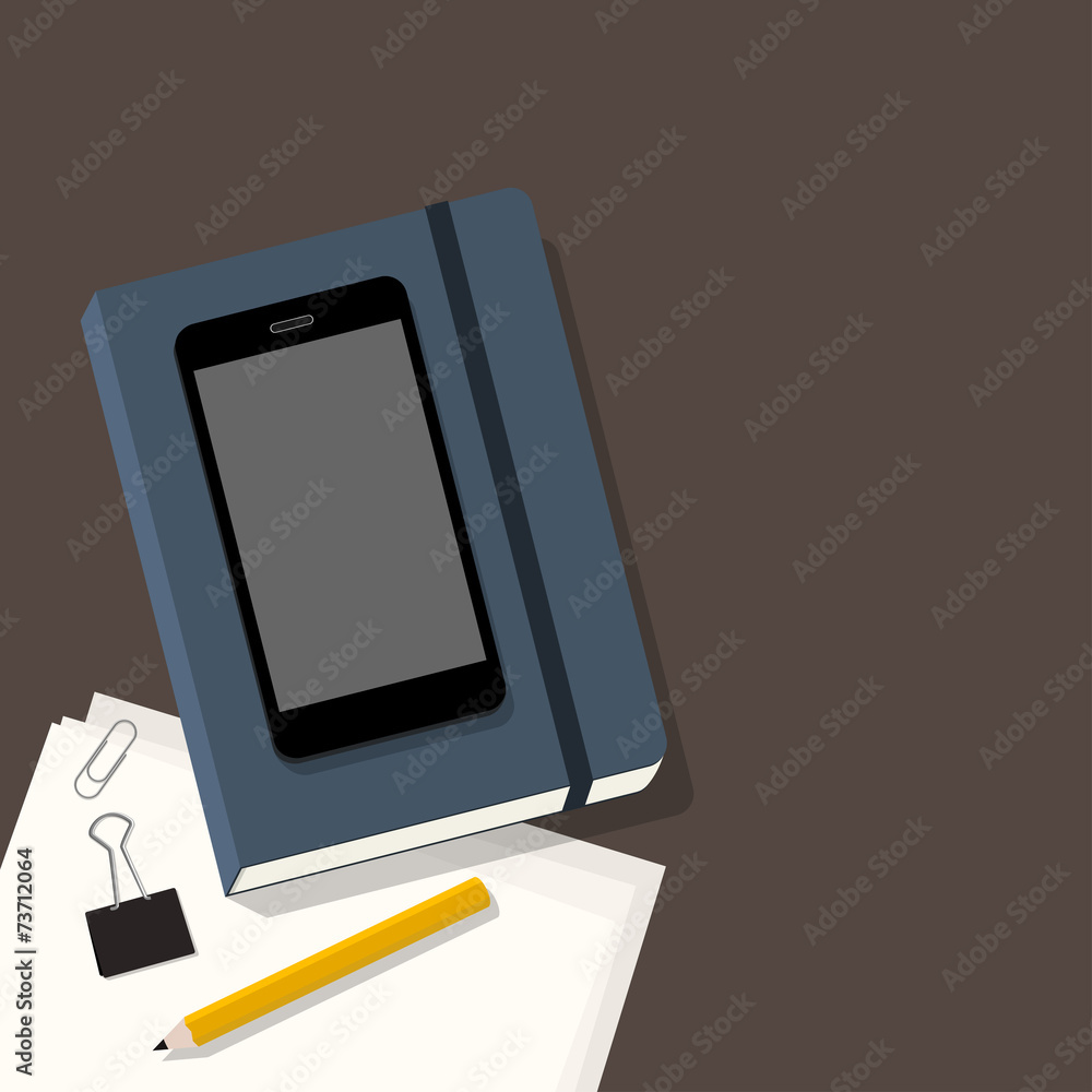 Office workplace with notepad, phone, pencil & papers Office workplace with notepad, phone, pencil & papers