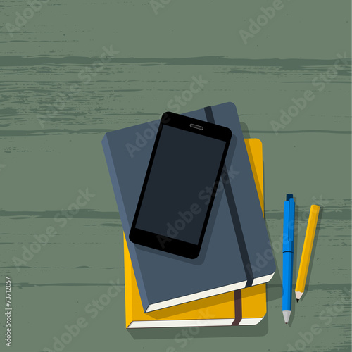 School supplies on wooden desk