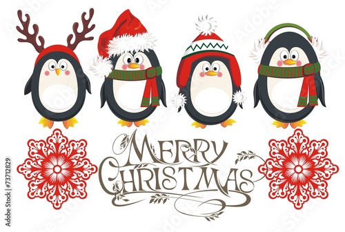 Christmas background with penguins and snowflakes