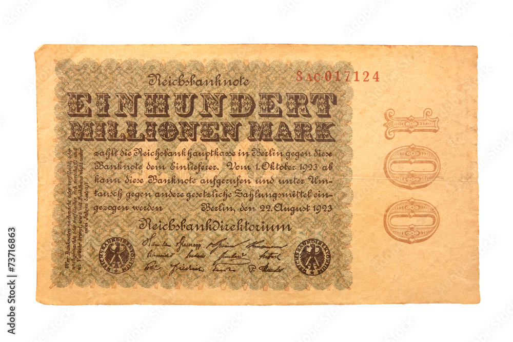 Inflationsgeld Reichsbanknote 22.08.1923 Einhundert Millionen Inflationsgeld Reichsbanknote 22.08.1923 Einhundert Millionen