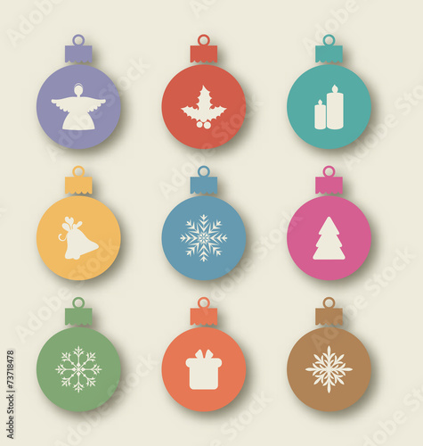 Set Christmas balls with traditional elements - angel, holly ber