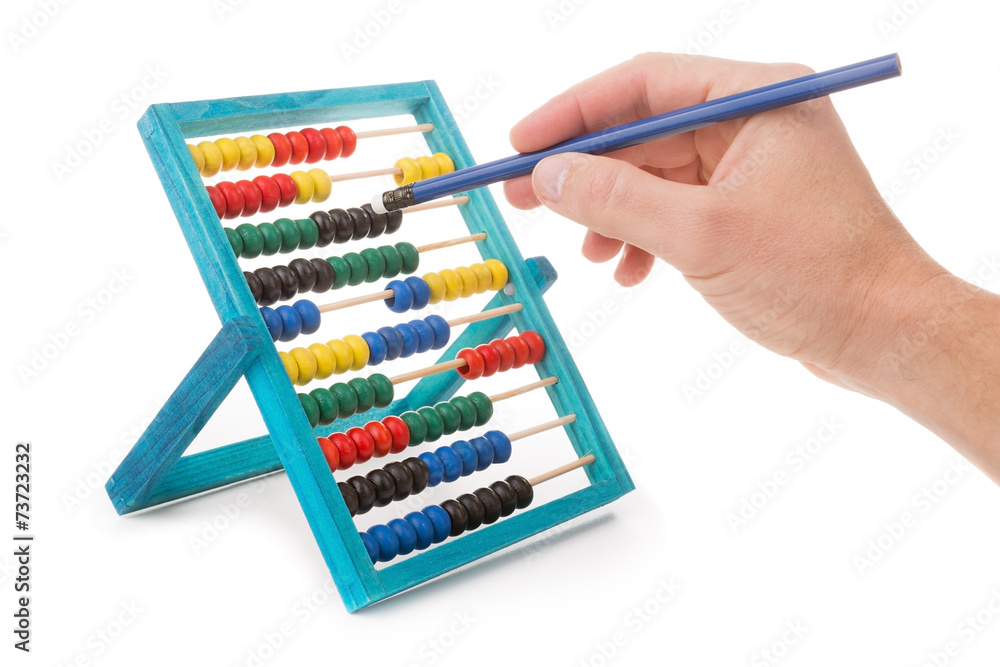 Office tool abacus for accounts. Hand with pencil dials. Office tool abacus for accounts. Hand with pencil dials.